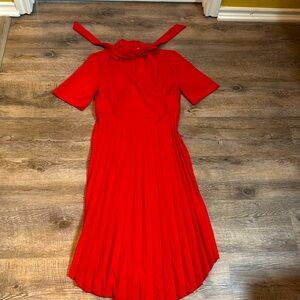 Red Short Sleeve Modern Retro zip back, red pleated neck tye cross breast dress